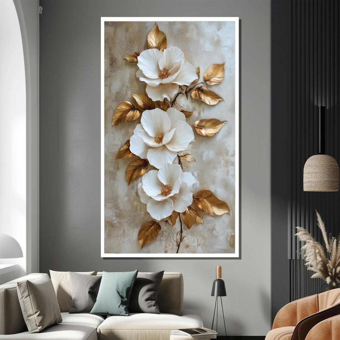 White Blossoms With Metallic Gold Leaves Embossed Floral Art Poster - Image 2