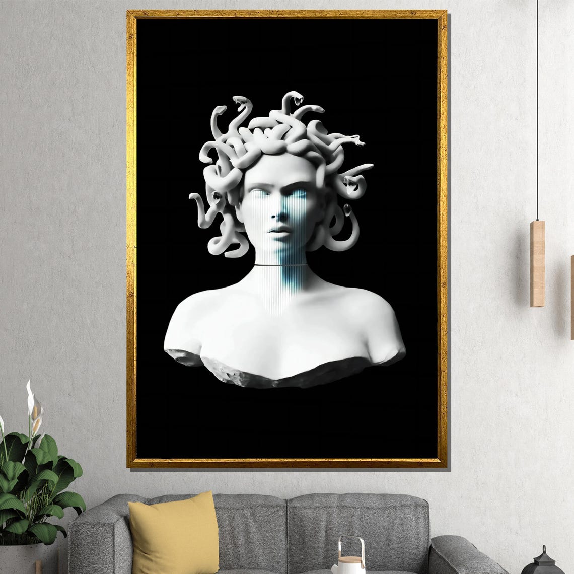 White Marble Medusa Bust With Blue Digital Glitch Modern Poster
