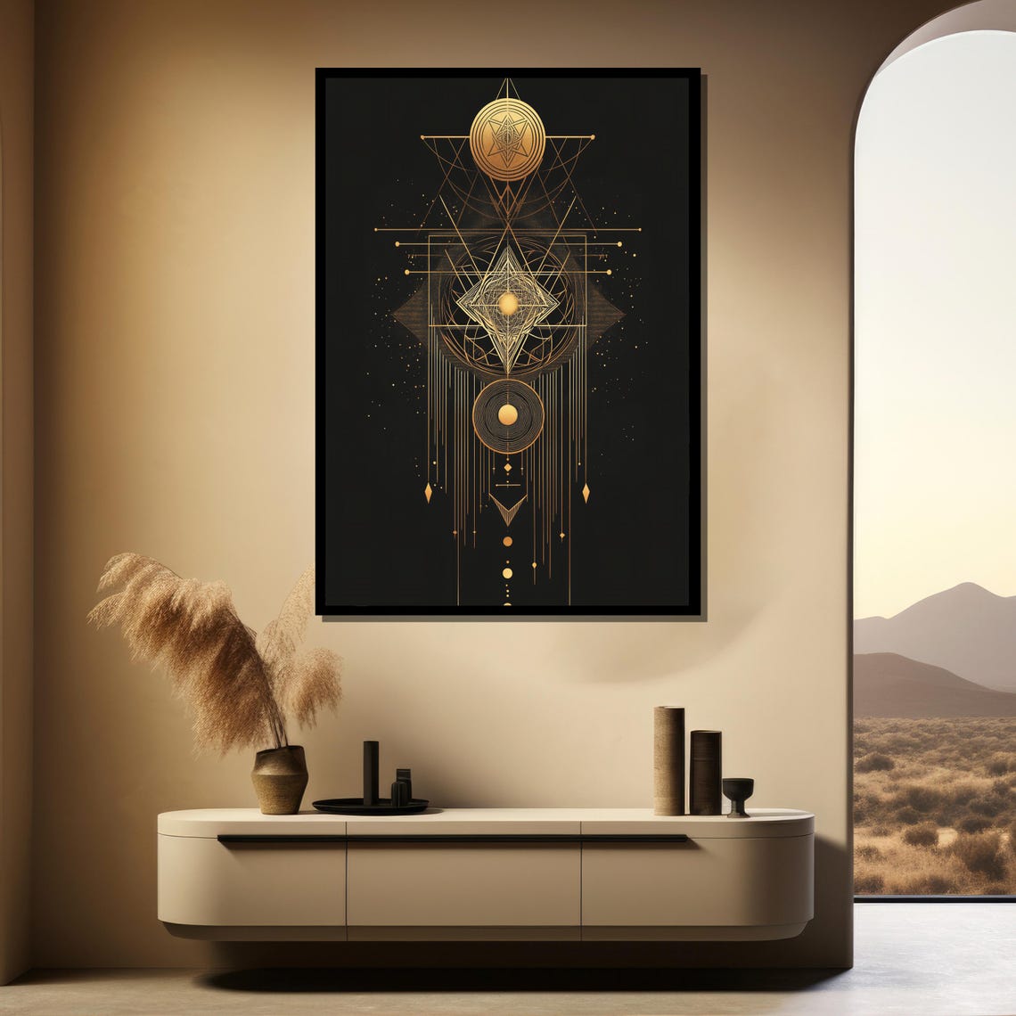 Golden Sacred Geometry Mandala Glowing On Black Canvas Poster - Image 4