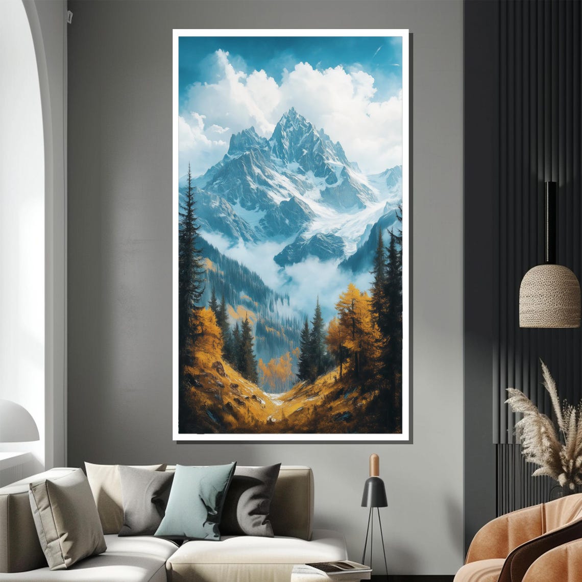Majestic Snow Capped Mountain Peak Autumn Forest Mist Art Poster - Image 2