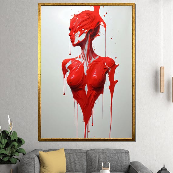 Modern Abstract Dripping Red Woman Painting Bold Artistic Wall Decor Unique Gift For Home And Office