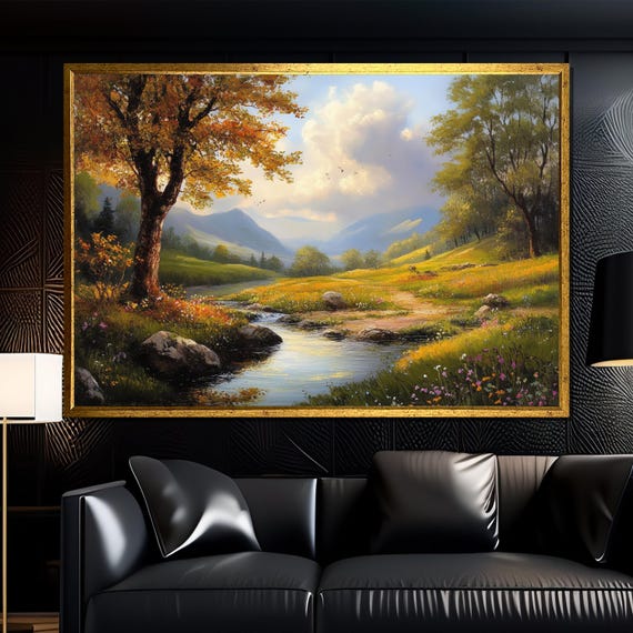 Mountain Stream Landscape, Serene Rustic Nature Print