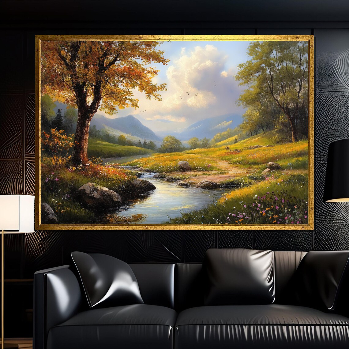 Mountain Stream Landscape, Serene Rustic Nature Print