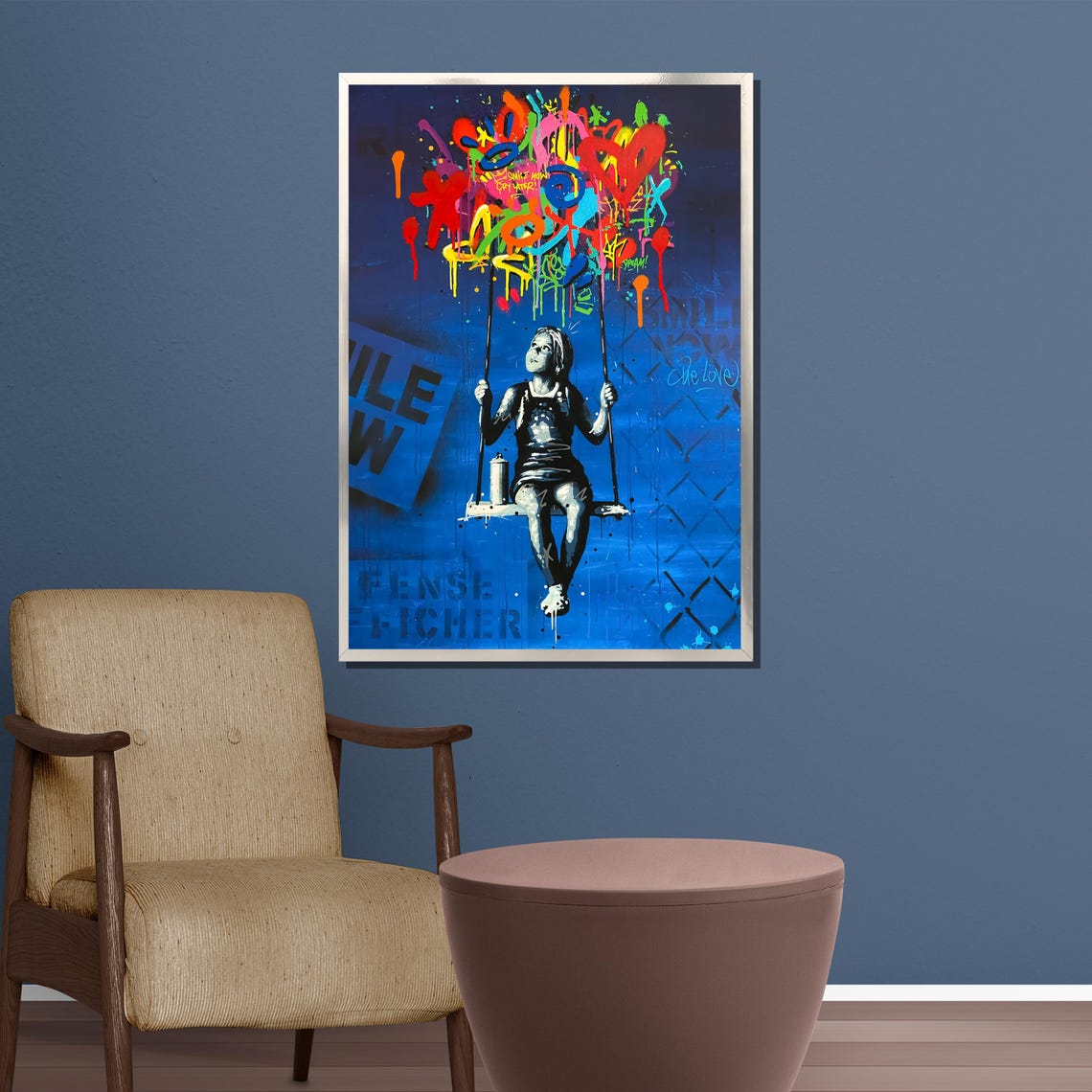 Vibrant Girl On Swing Wall Art Playful And Graffiti Style Painting Unique Gift For Contemporary And Bold Home Decor - Image 3