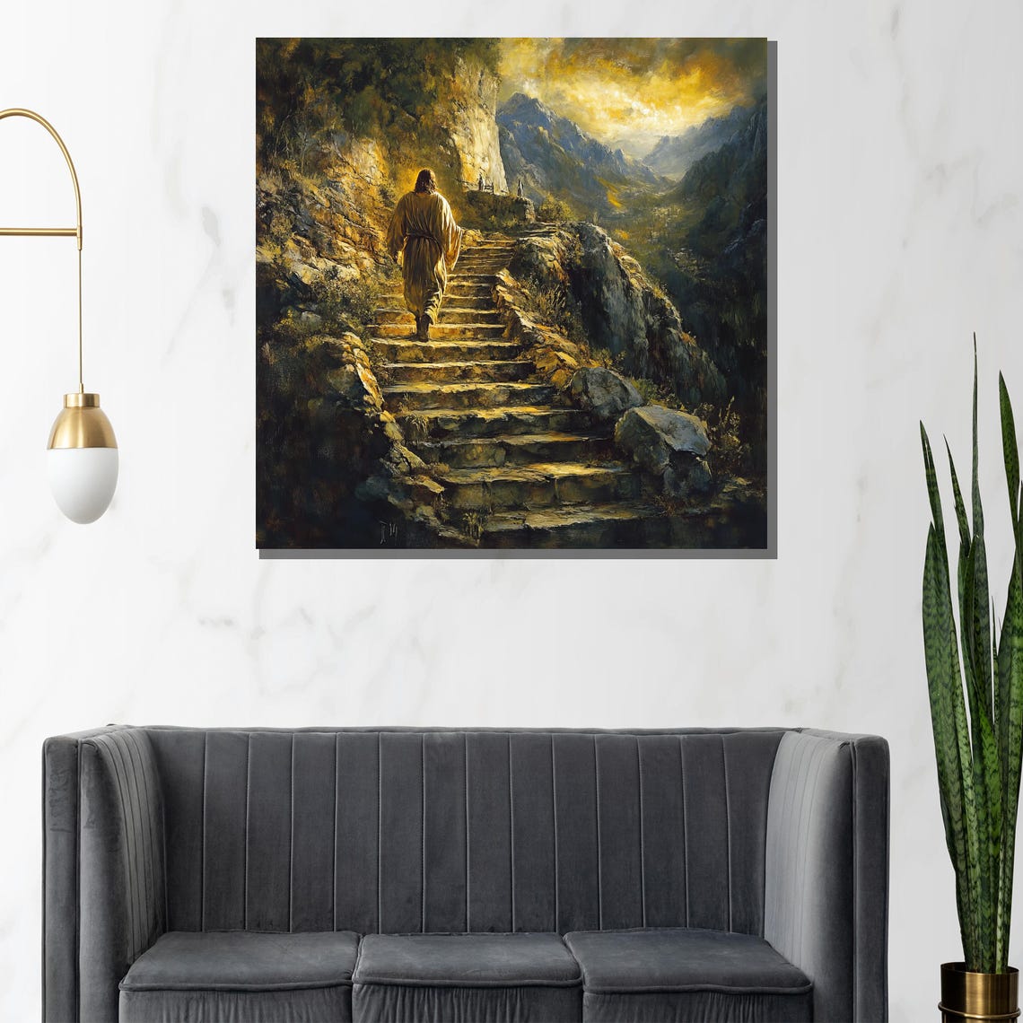 Jesus Walking Up Mountain Stairs Golden Biblical Landscape Poster - Image 3