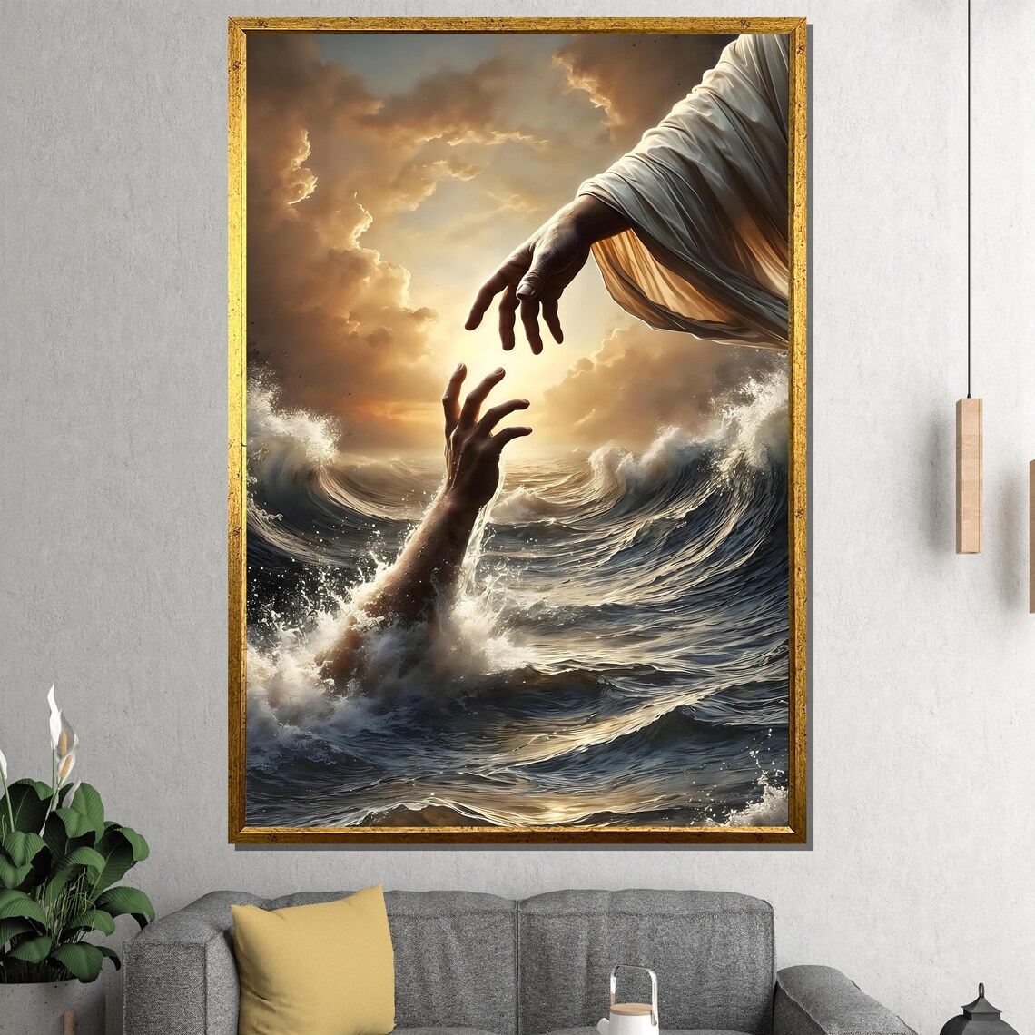 Hand of God Reaching Down Saving Hand Stormy Sea Faith Poster