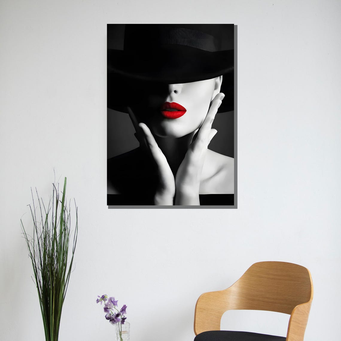 Striking Woman With Red Lips And Black Hat Black White Poster - Image 2