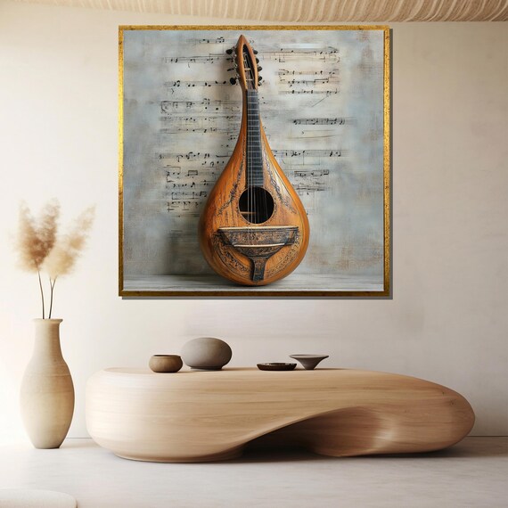 Classic Vintage Mandolin Still Life on Aged Sheet Music Poster