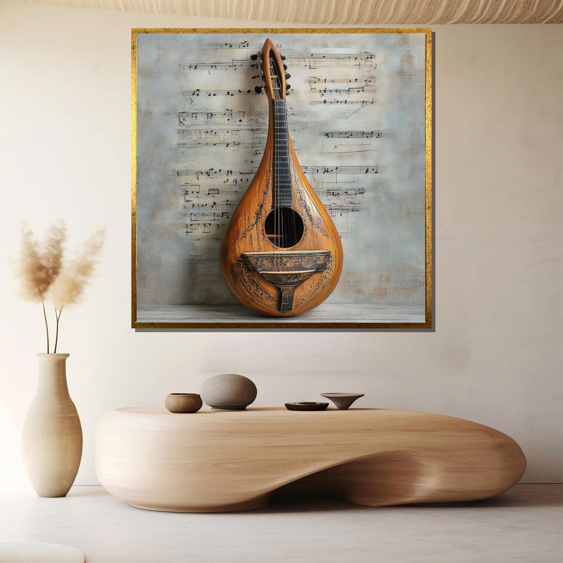 Classic Vintage Mandolin Still Life on Aged Sheet Music Poster