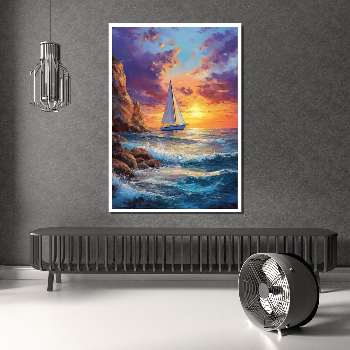 Sailboat Sunset Wall Art Large Framed Coastal Ocean Waves And Cliffs Painting Nautical Home Decor Gift For Sea Lovers - Image 2