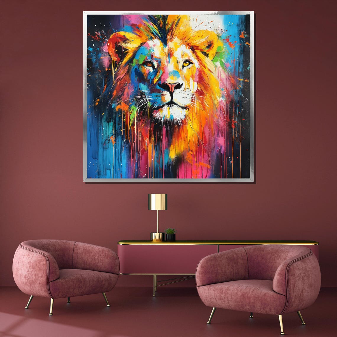 Rainbow Abstract Lion Portrait Colorful Paint Drip Art Poster - Image 3