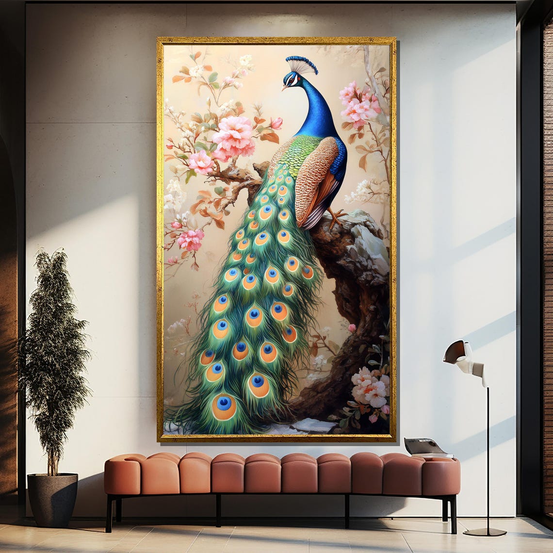 Elegant Peacock Perched On Rock Cherry Blossom Vertical Poster