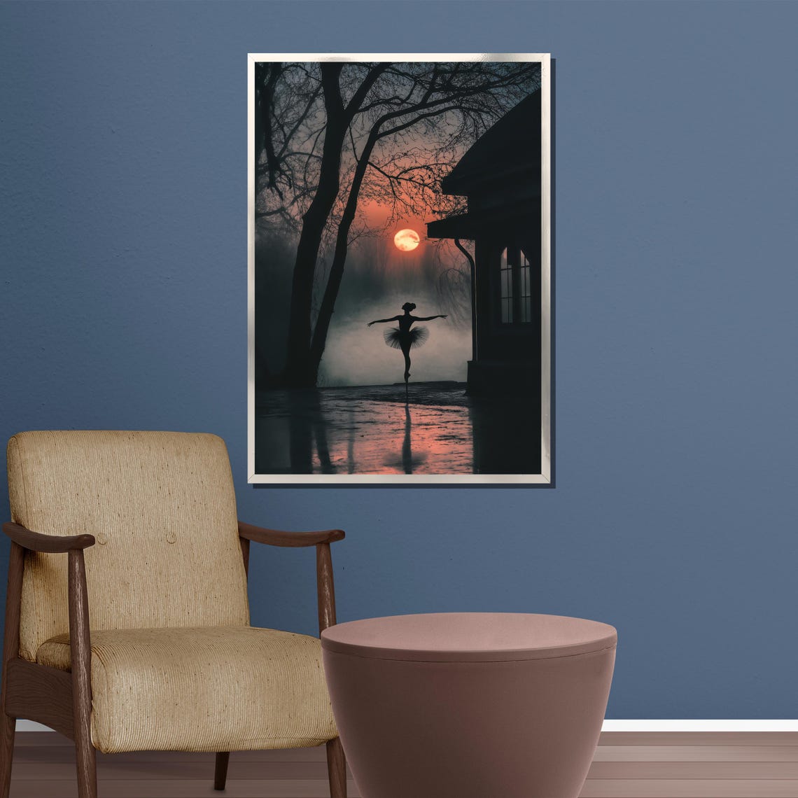 Ballerina Silhouette Dancing at Sunset Reflected on Water Poster - Image 3