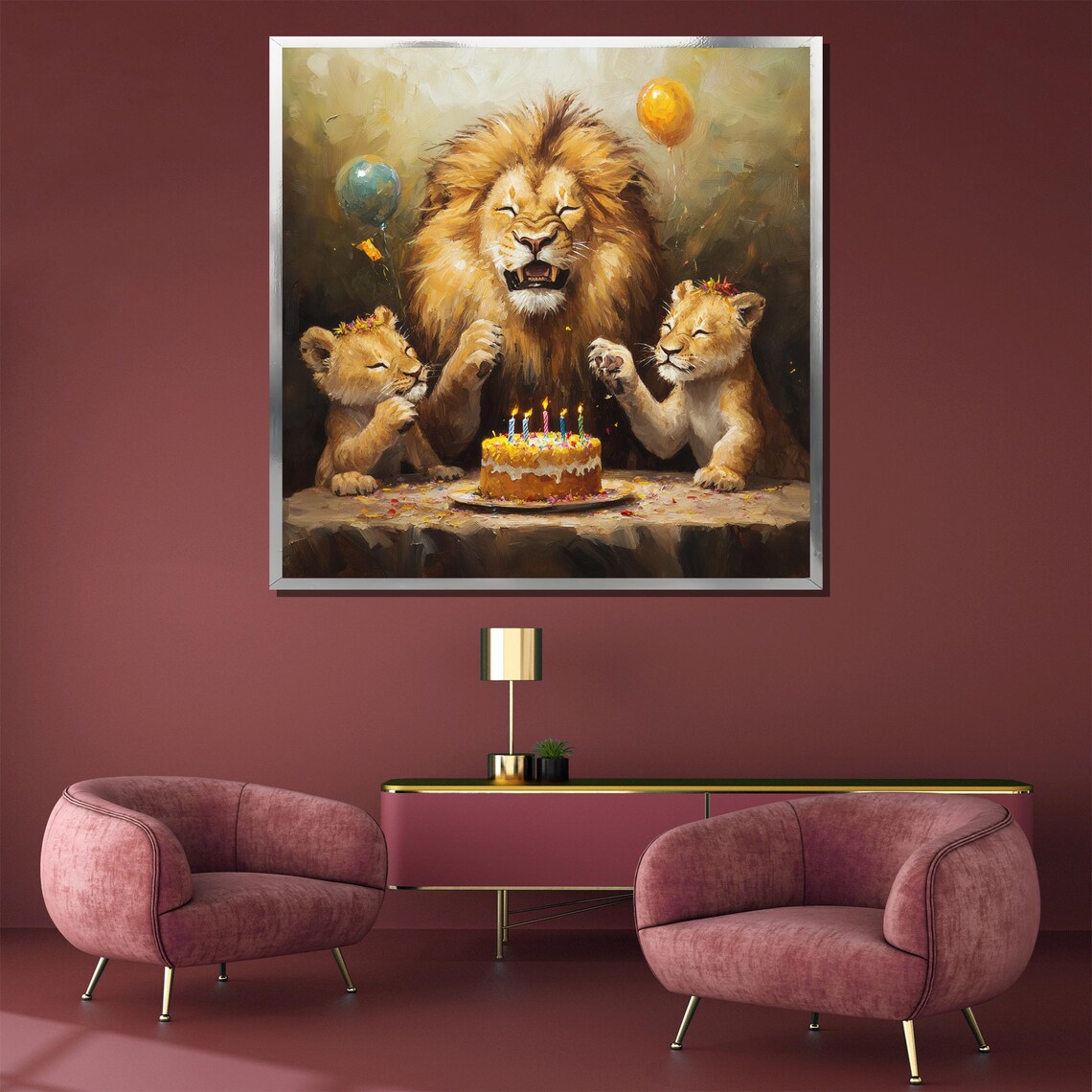 Lion Family Birthday Party Cake Balloons Cute Kids Room Poster - Image 3