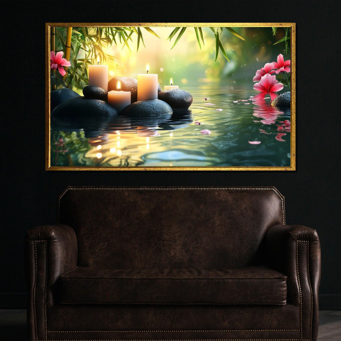 Zen Spa Candles And Smooth Stones Floating On Calm Water Poster