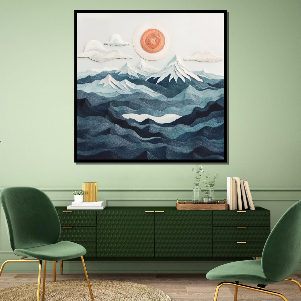 Layered Blue Mountains With Orange Spiral Sun Abstract Art Poster - Image 4