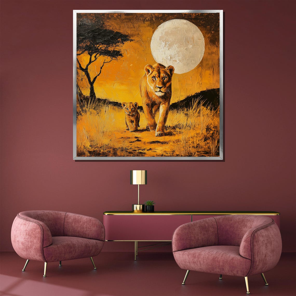 Lioness and Cub Walking Together Under a Golden Moon Savanna Poster - Image 3
