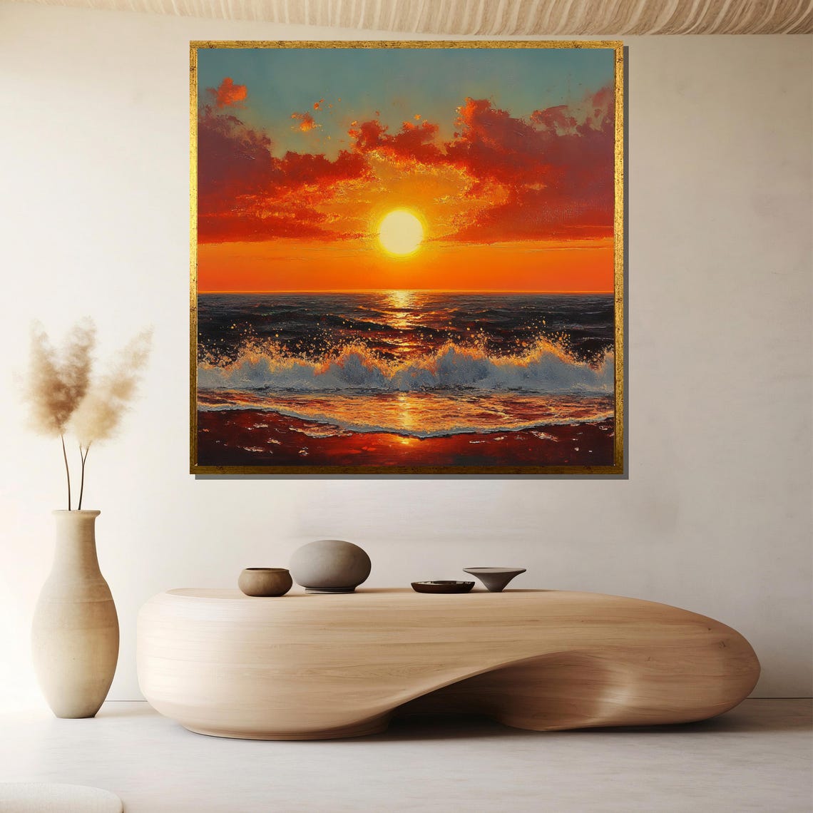 Fiery Orange Sunset Ocean Waves Dramatic Sky Scene Seascape Poster
