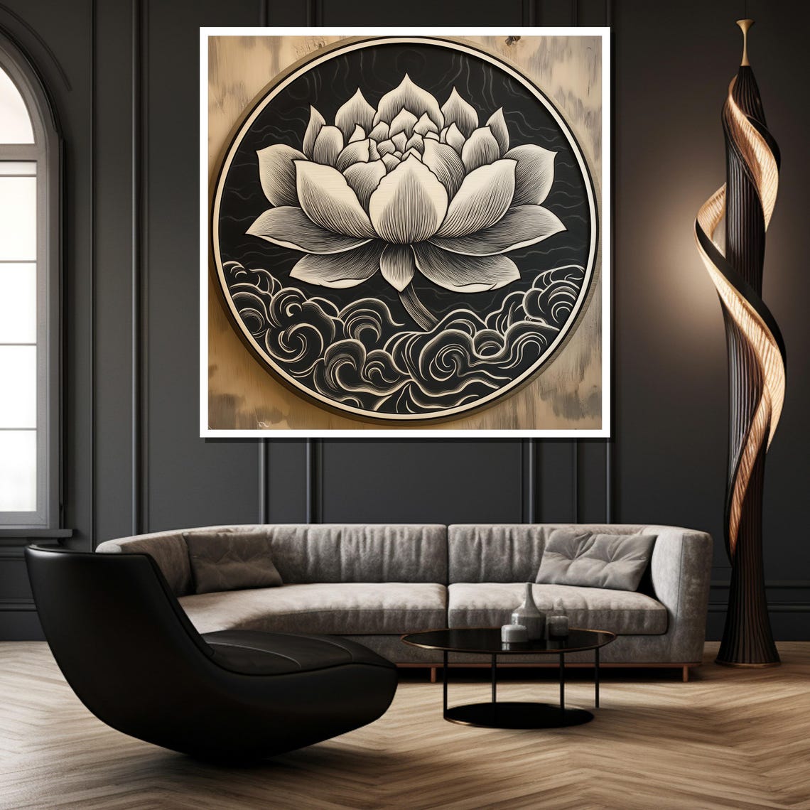 Monochrome Lotus Blossom Circular Engraving Style Art Poster - Image 2