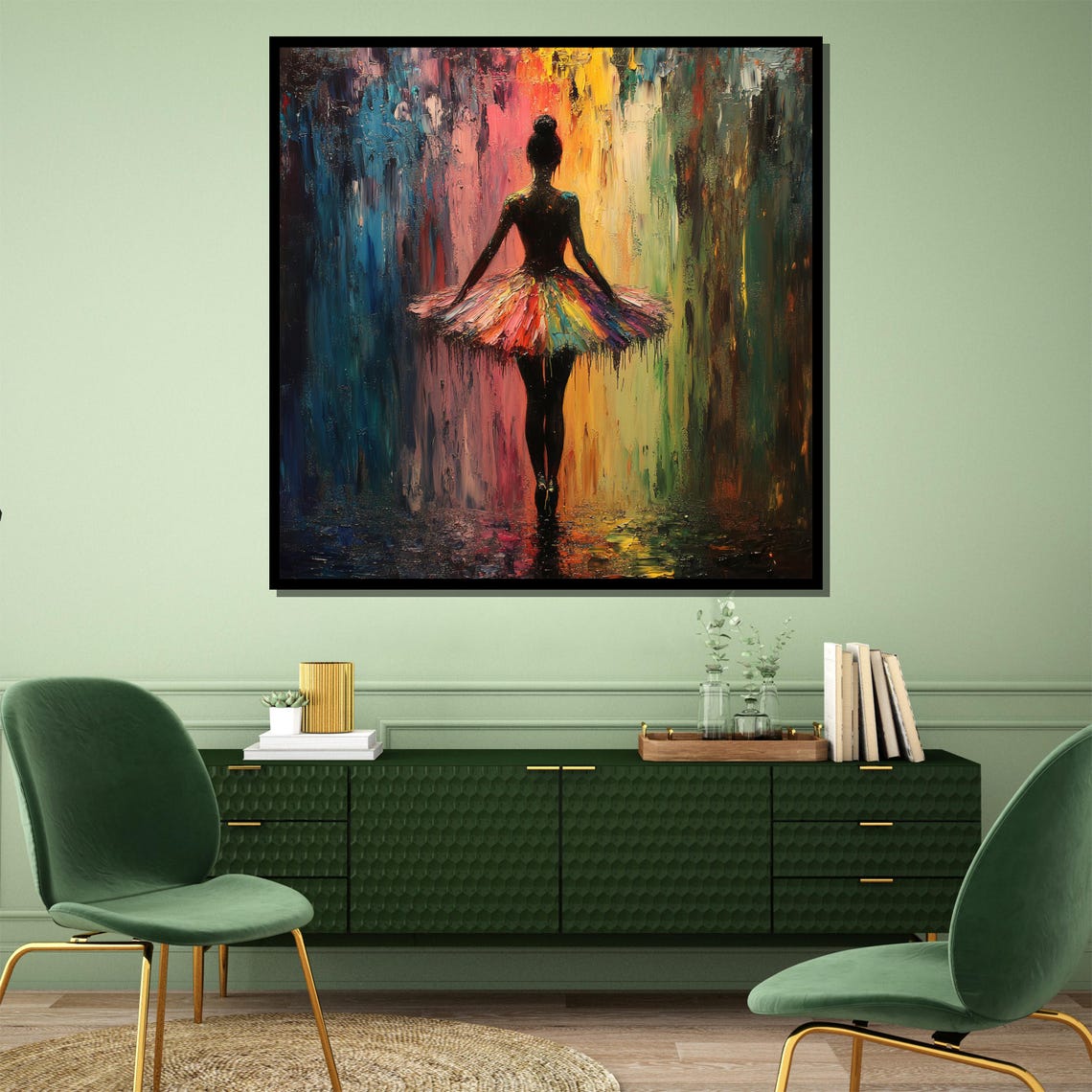 Ballerina in Rainbow Tutu Against Colorful Paint Drip Backdrop Poster - Image 4