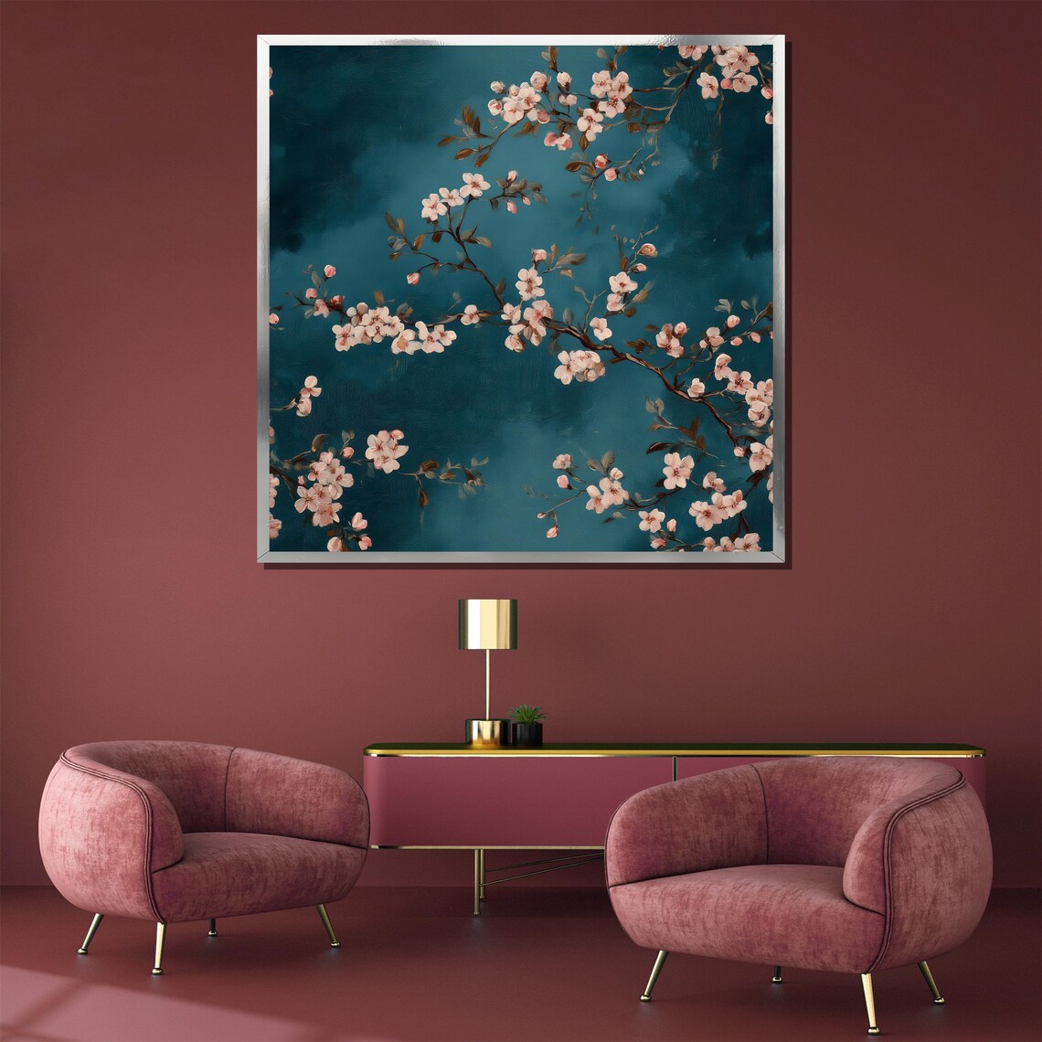 Elegant Pink Cherry Blossom Branches On Dark Teal Art Poster - Image 3