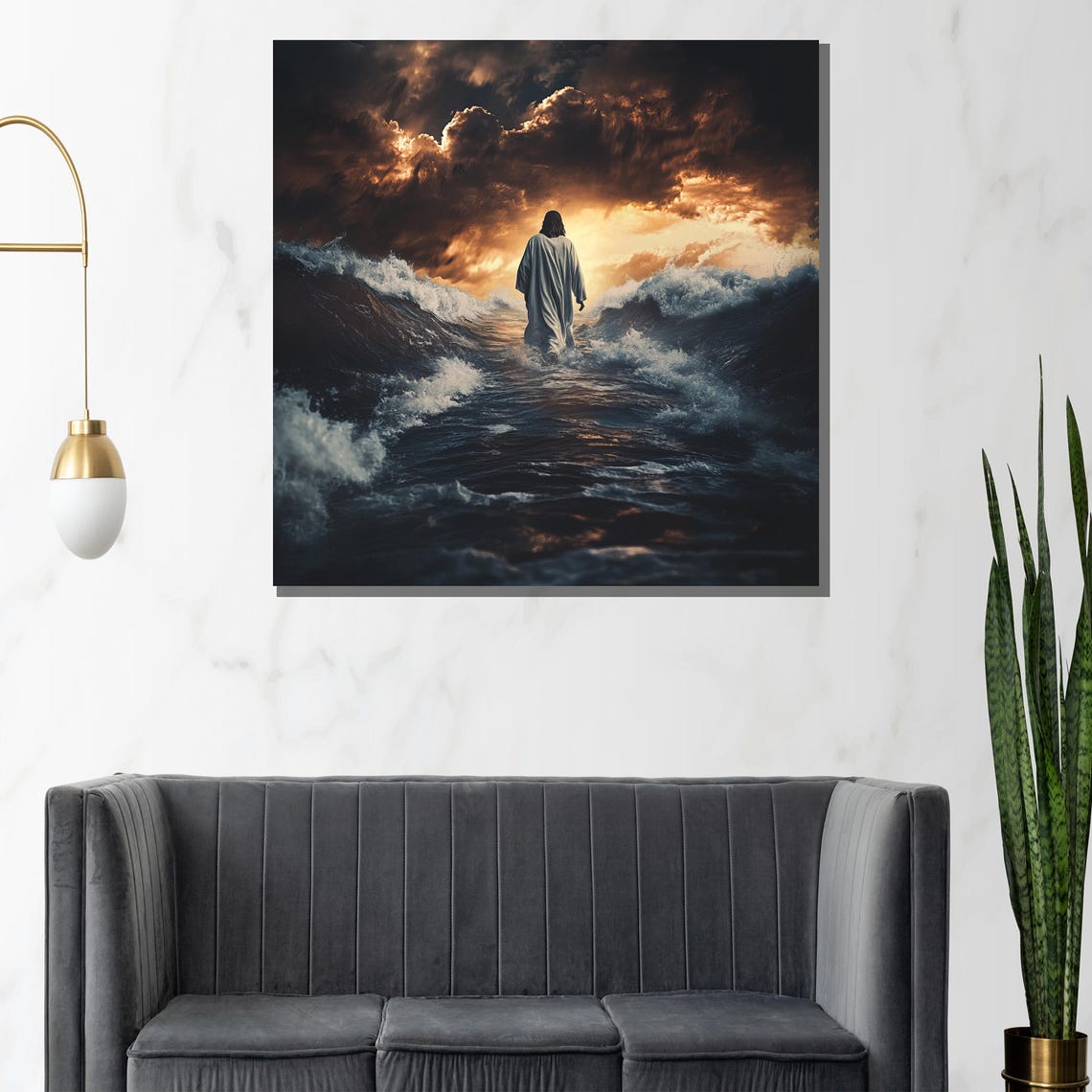 Jesus Walking on Water Stormy Sunset Dramatic Dark Clouds Poster - Image 3