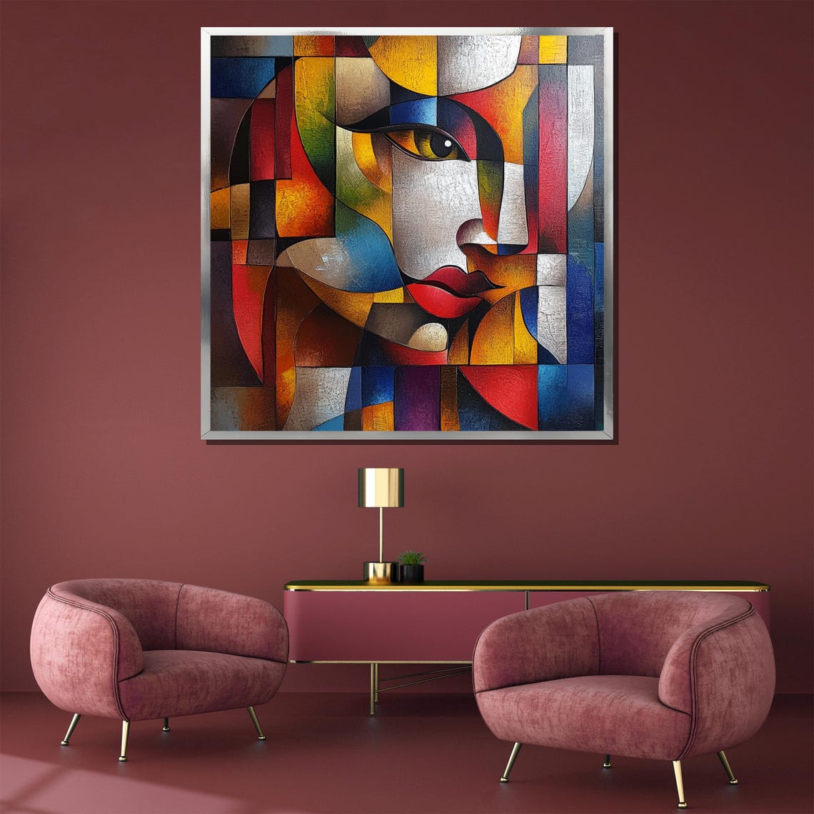 Geometric Cubist Woman Painting Vibrant Abstract Wall Art Unique Home Decor Gift For Modern Art Enthusiasts - Image 3