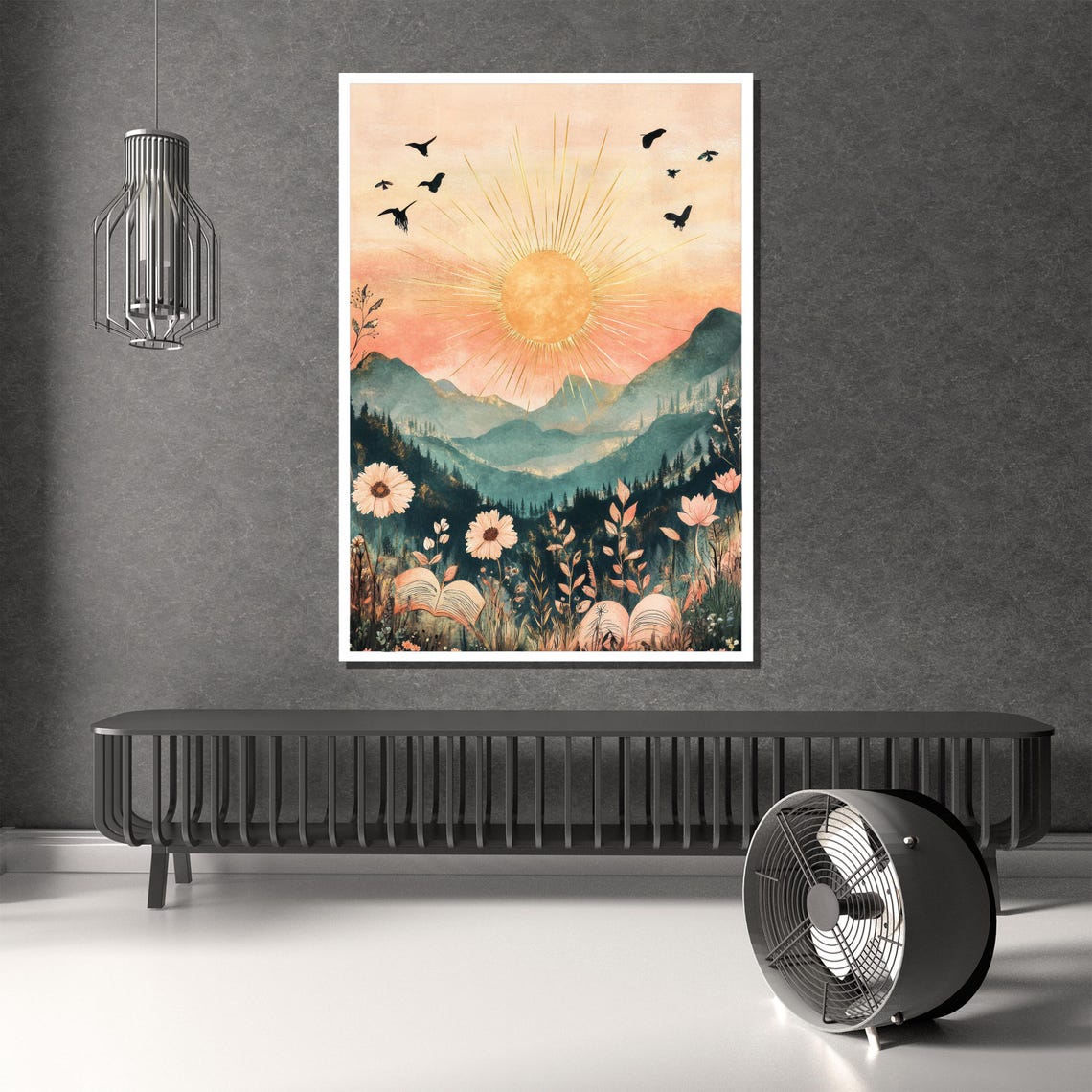Boho Golden Sun Rising Over Mountains Wildflowers Birds Art Poster - Image 2