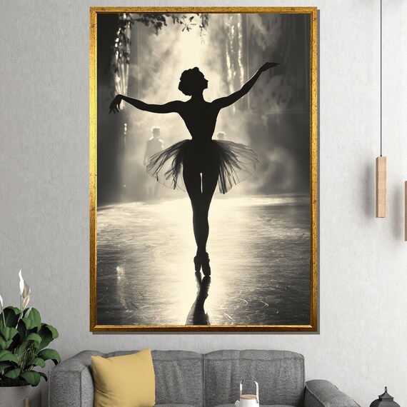 Black and White Ballerina Silhouette En Pointe on Stage Poster