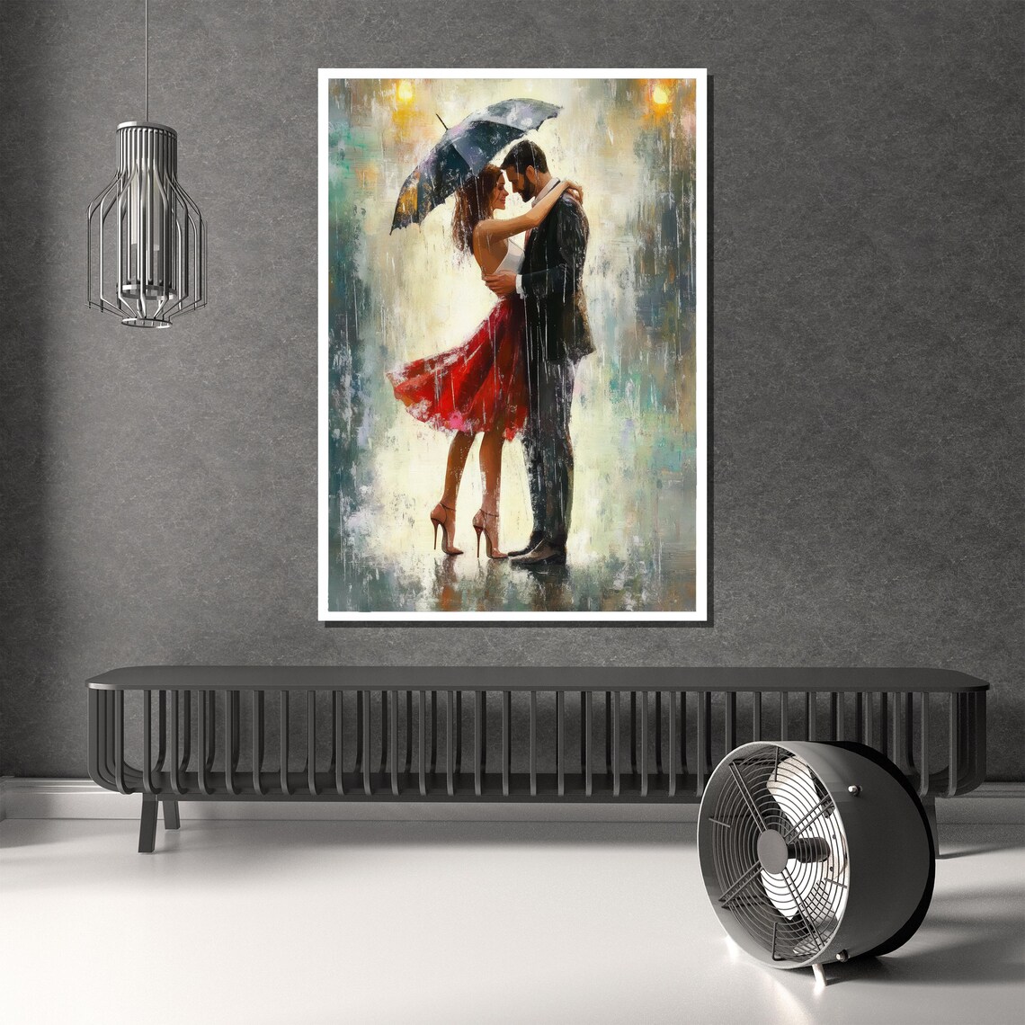 Romantic Couple Embracing Under an Umbrella in the Rain Poster - Image 2