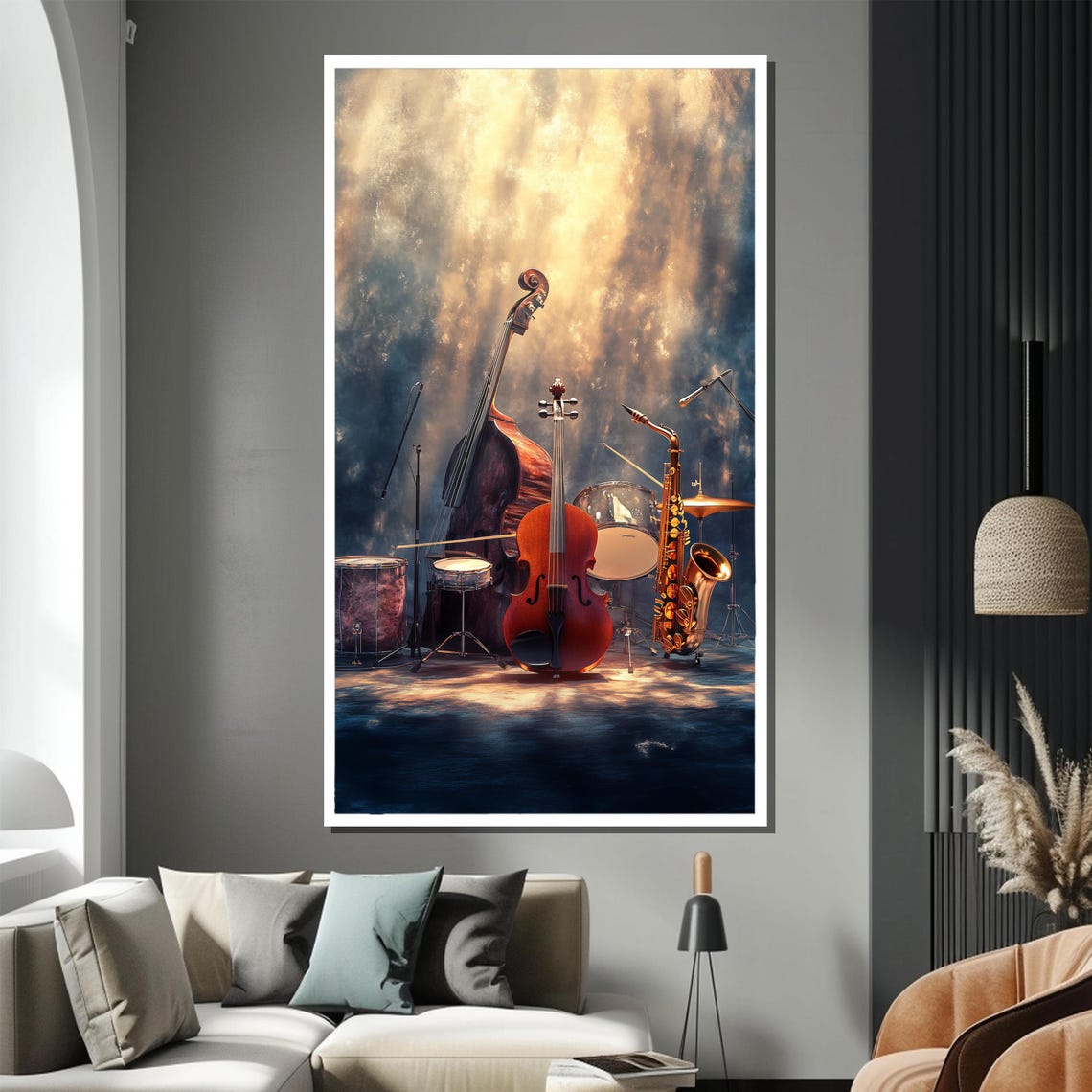 Classic Jazz Instruments Arranged on a Smoky Stage Spotlight Poster - Image 2