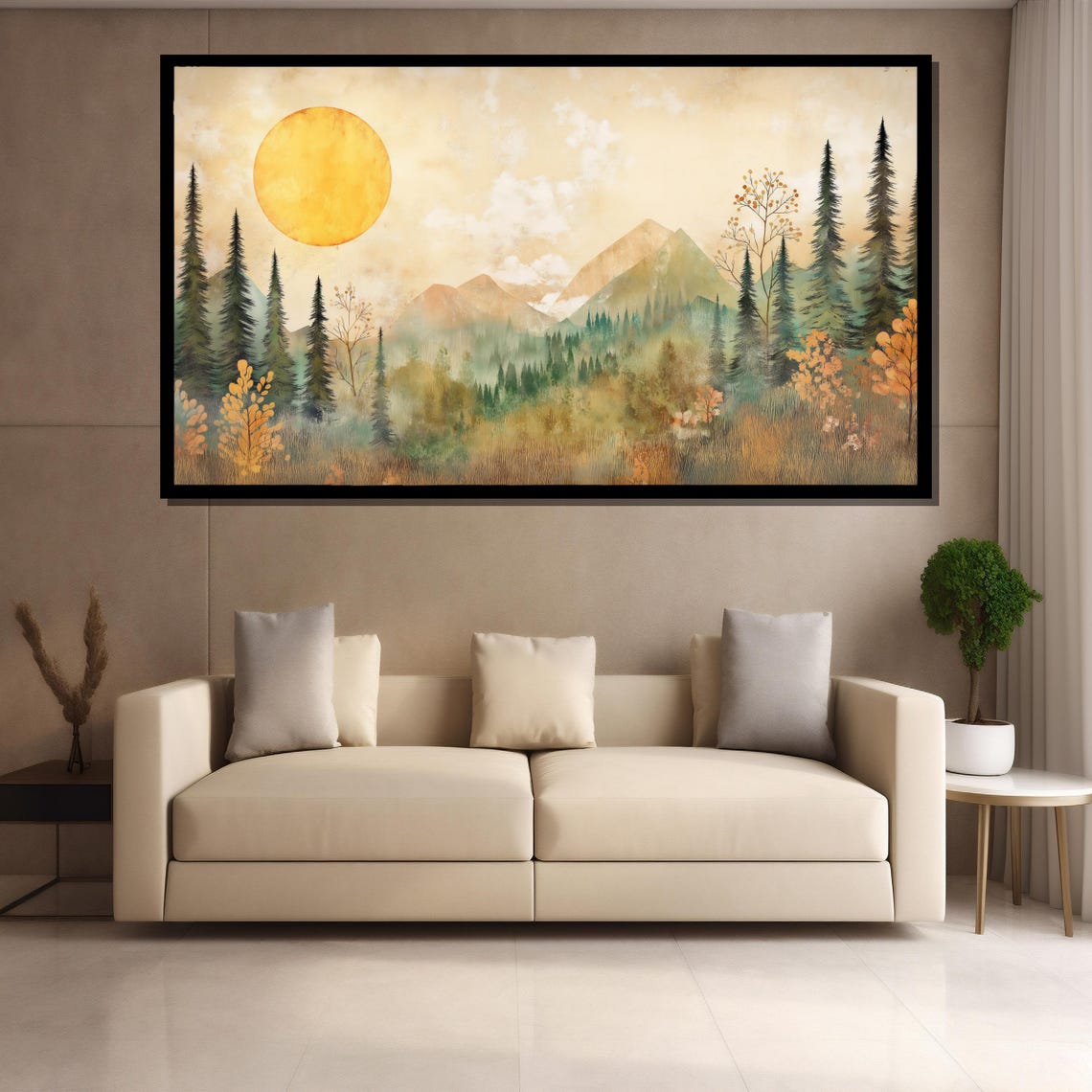 Golden Forest Landscape Painting Nature Mountains Trees Sun Wall Art Rustic Home Decor Gift For Nature Lovers - Image 4