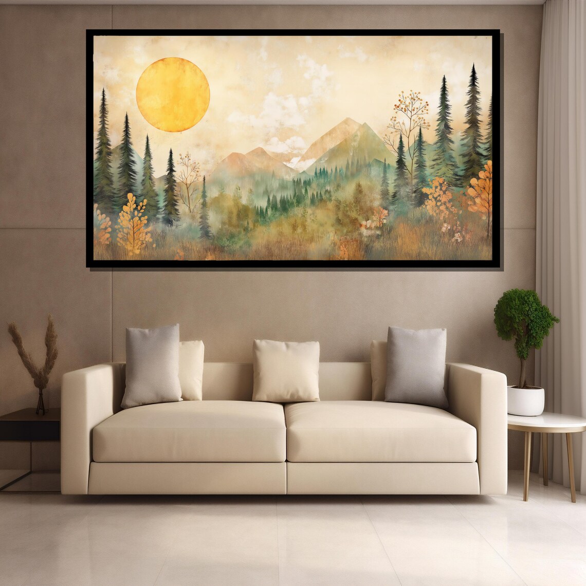 Golden Sun Misty Forest Mountains Watercolor Style Scenic Poster - Image 4