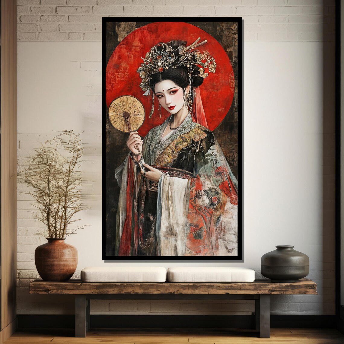 Elegant Geisha in Ornate Kimono Before Blazing Red Sun Art Poster - Image 4