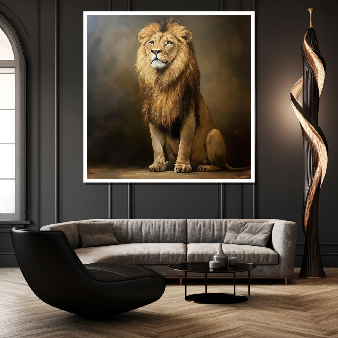 Majestic Seated Lion in a Regal Smoky Gray Portrait Wall Poster - Image 2