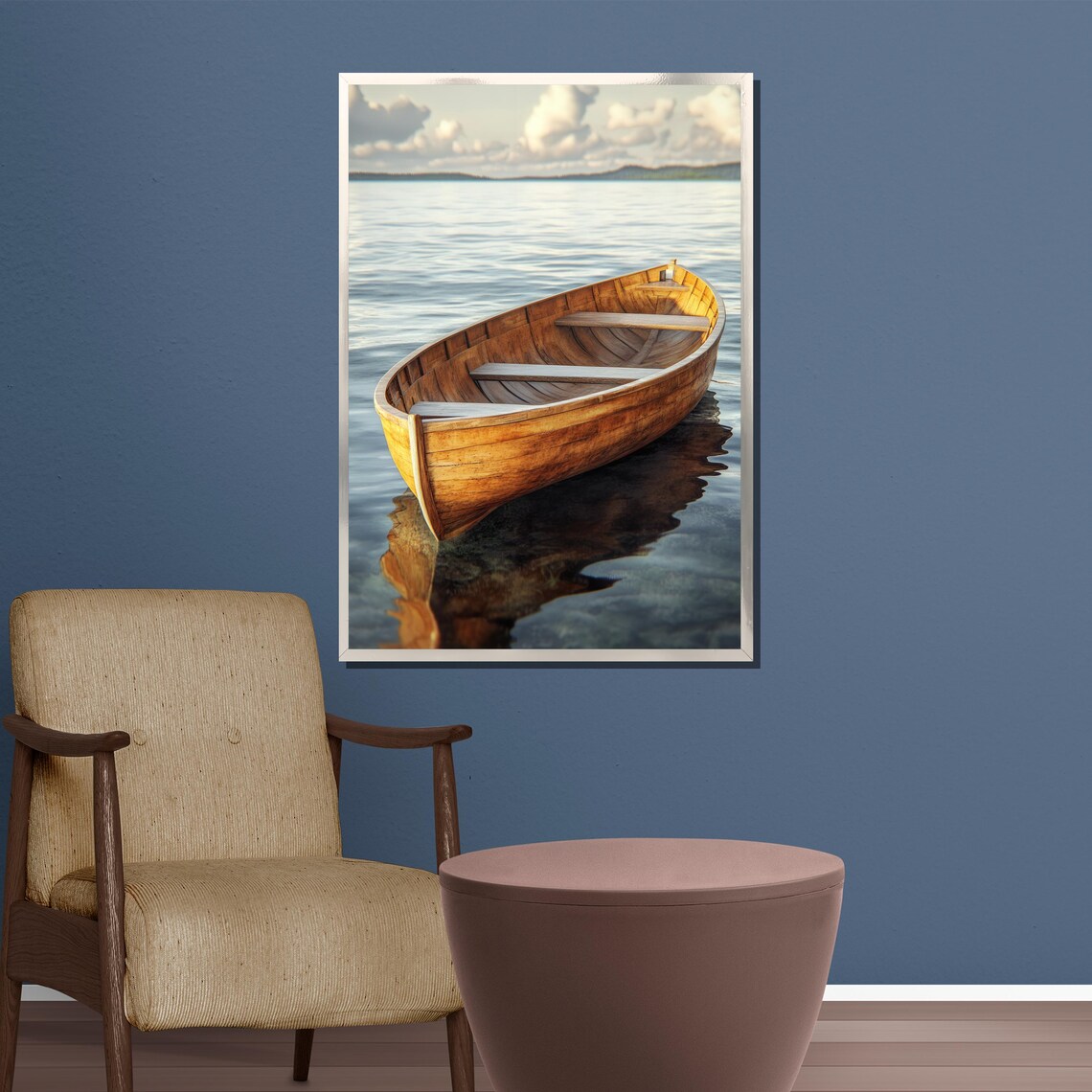 Rustic Wooden Rowboat On Calm Still Water Serene Lake Art Poster - Image 3