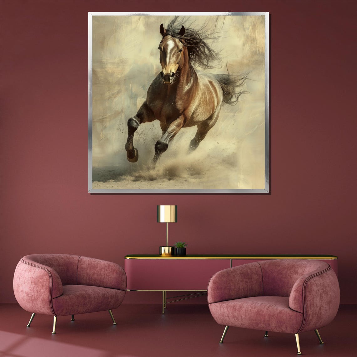 Brown Horse Galloping Through Soft Golden Dust Clouds Poster - Image 3
