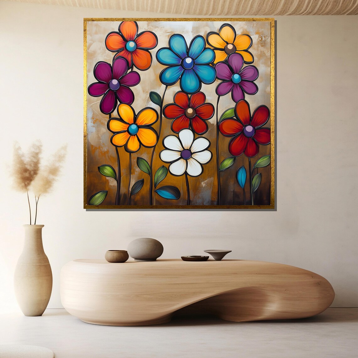 Bold Colorful Stylized Daisy Flowers On Golden Brown Art Poster