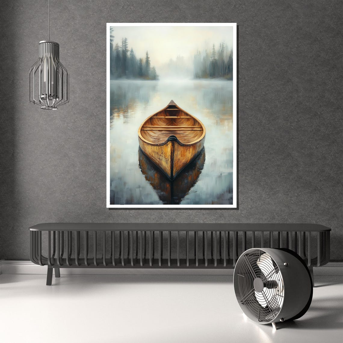 Peaceful Empty Wooden Canoe Misty Lake Still Water Forest Poster - Image 2
