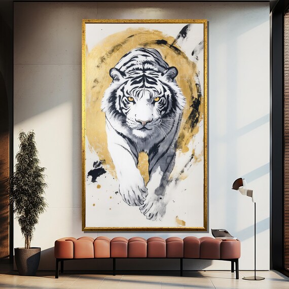White Tiger Leaping Forward Gold Ink Wash Circle Bold Poster