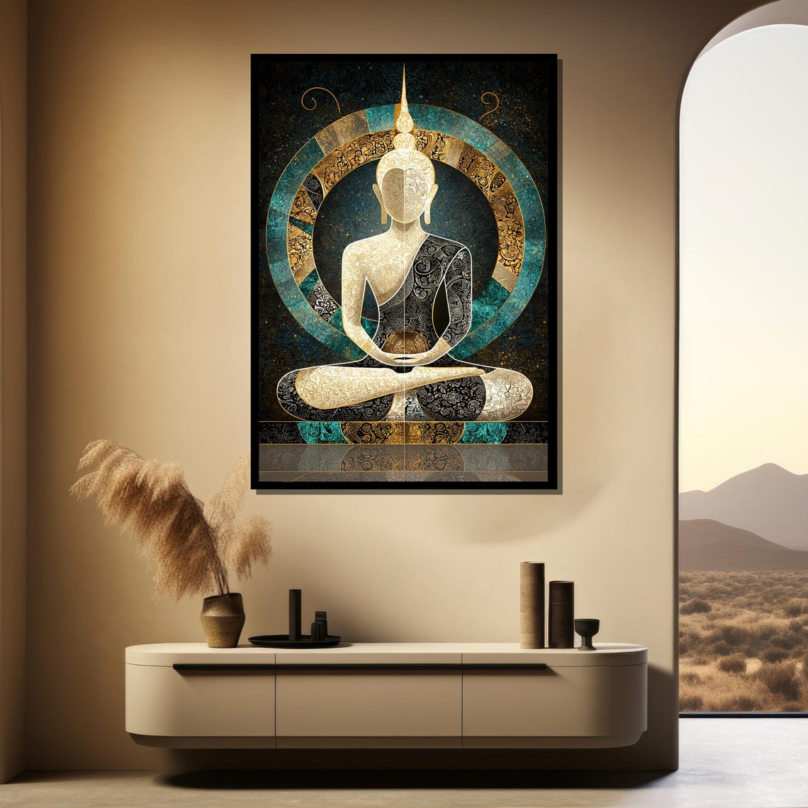 Gold and Teal Intricate Mandala Buddha Meditation Wall Poster - Image 4