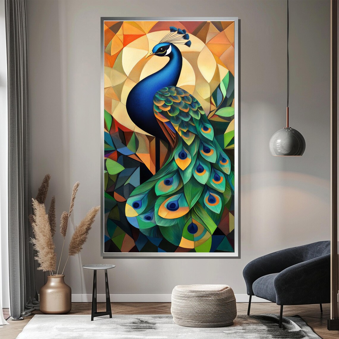 Geometric Peacock in a Stained Glass Style Vibrant Bird Poster - Image 3