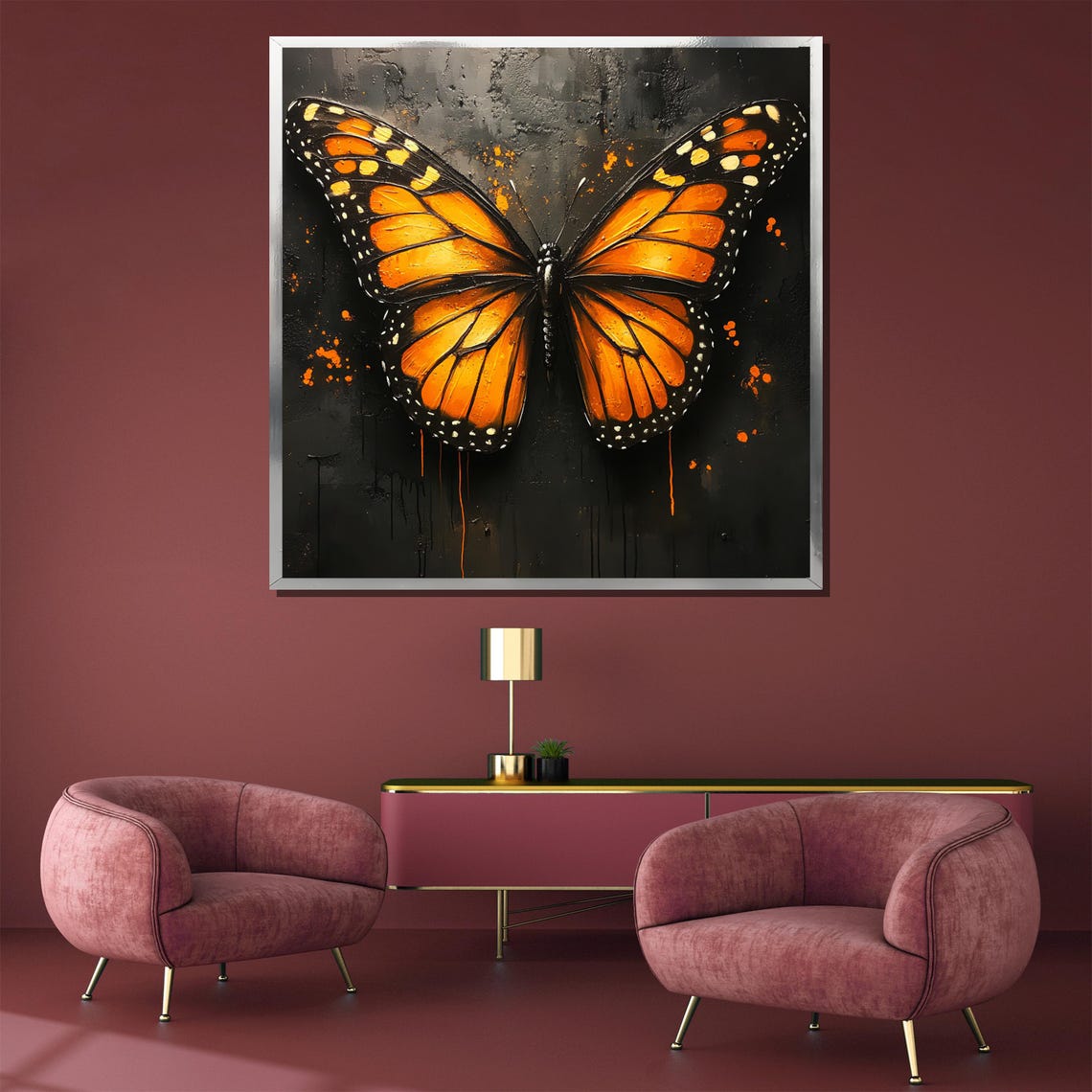 Orange Monarch Butterfly on Black Abstract Dripping Paint Poster - Image 3