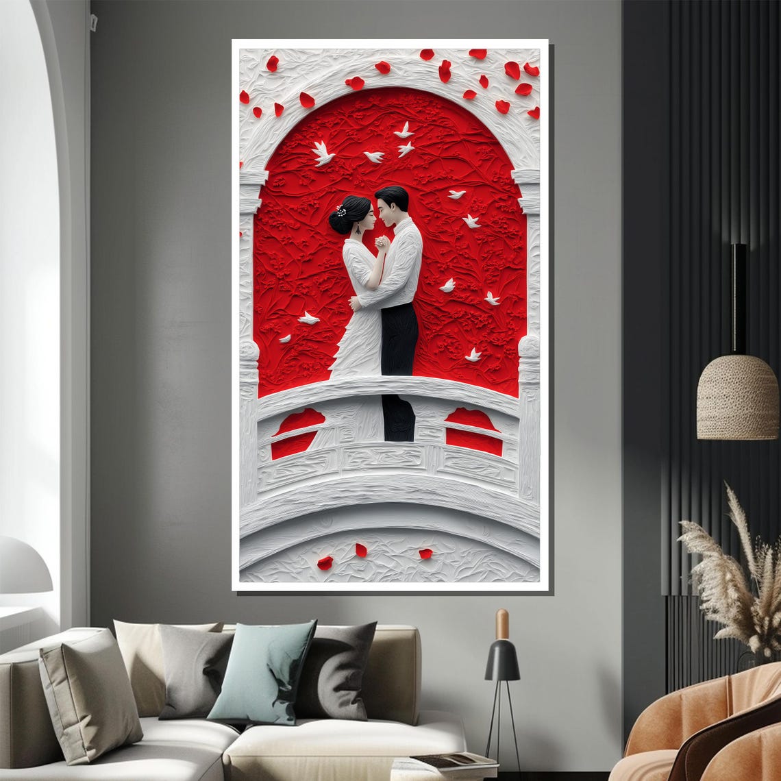 Romantic Red Bridge Painting Couple Wall Art Modern Wedding Decor Large Love Themed Artwork Anniversary Gift Idea - Image 3
