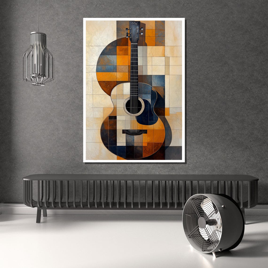 Modern Acoustic Guitar Painting in Geometric Warm Mosaic Poster - Image 2