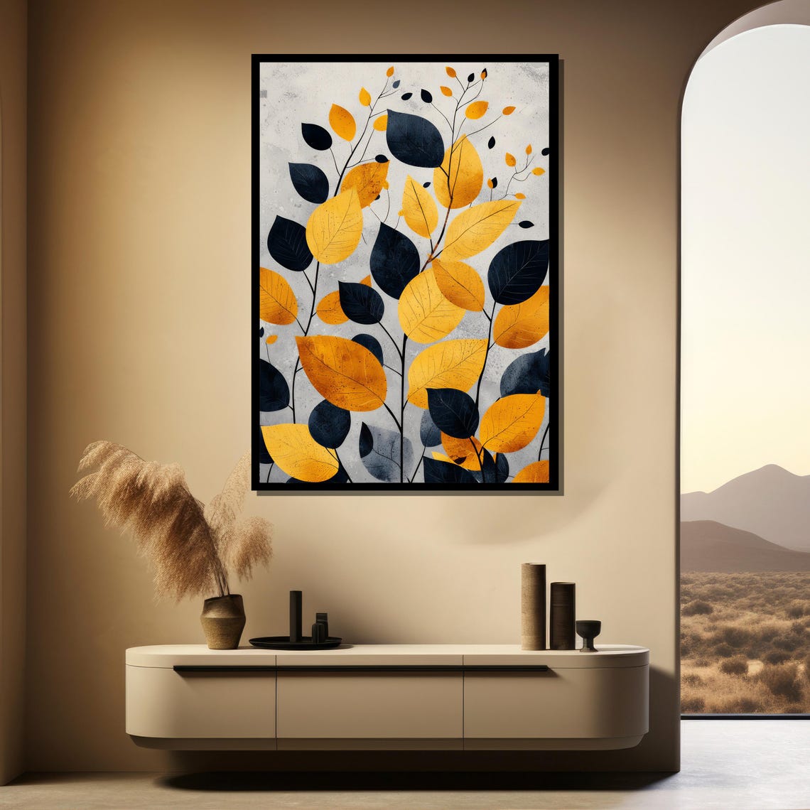 Golden Yellow And Navy Blue Leaf Branches Modern Botanical Poster - Image 4