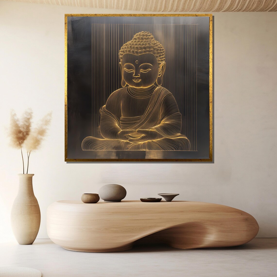 Golden Buddha Line Art Minimalist Zen Meditation Wall Poster