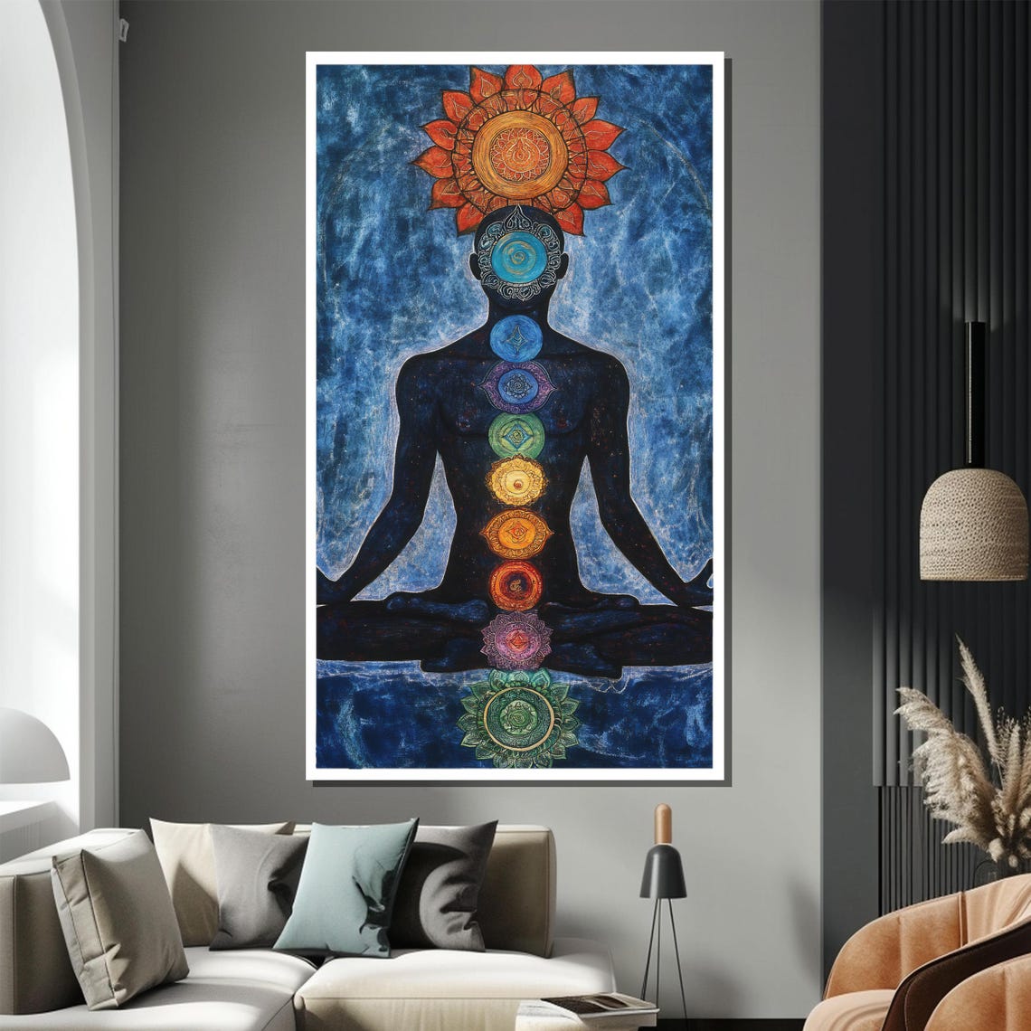 Seven Chakra Alignment Meditating Figure Blue Watercolor Wall Poster - Image 2