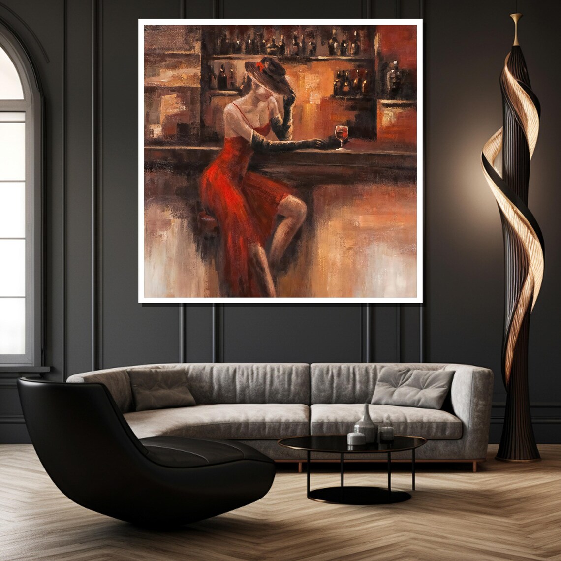 Vintage Romance Painting Of A Woman In Red At A Candlelit Bar Poster - Image 3