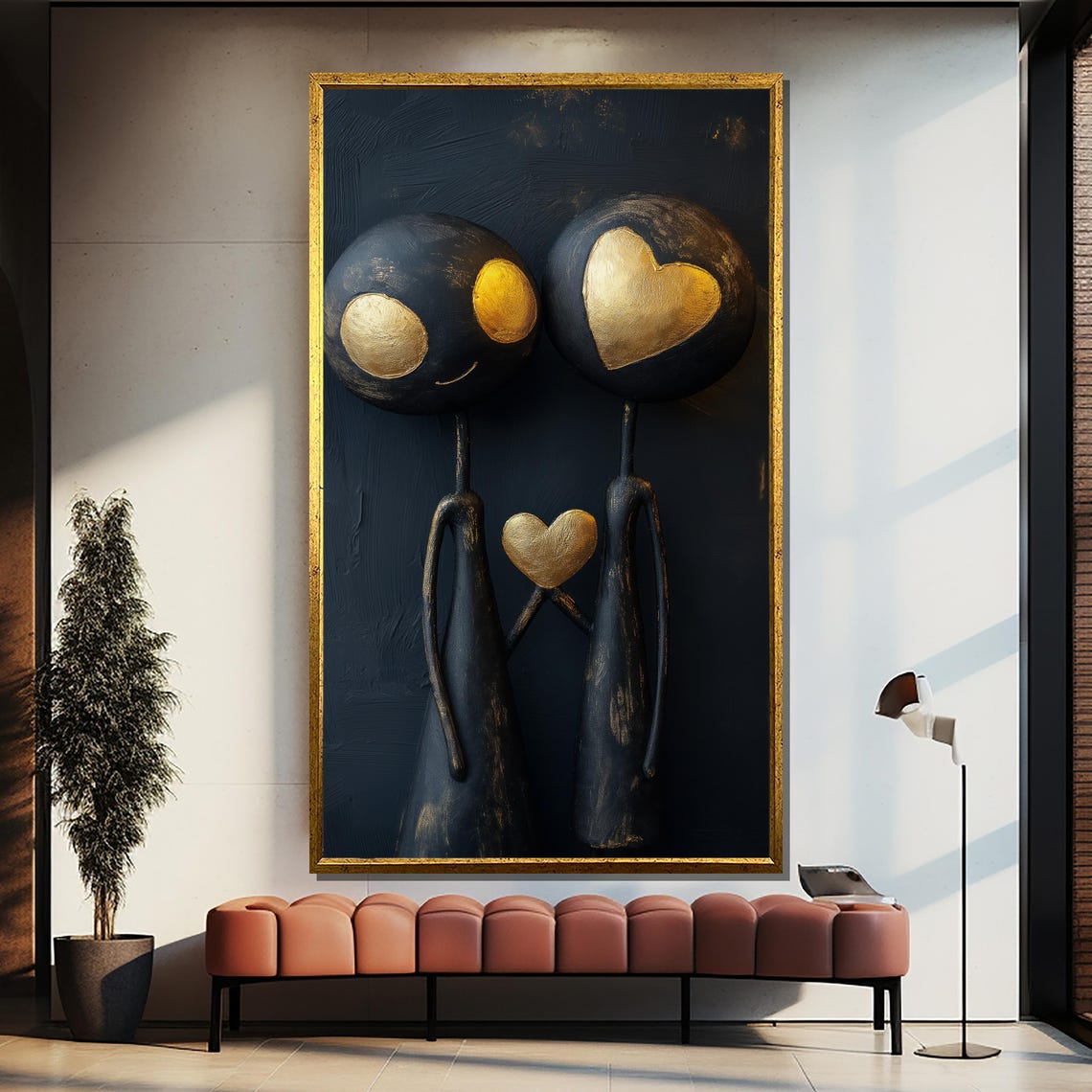 Black And Gold Heart Abstract Couple Figures Playful Art Poster